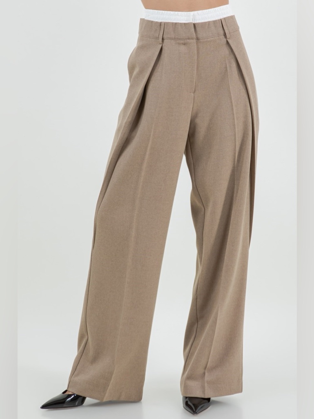 Wide-Leg Pleated Trousers in Taupe